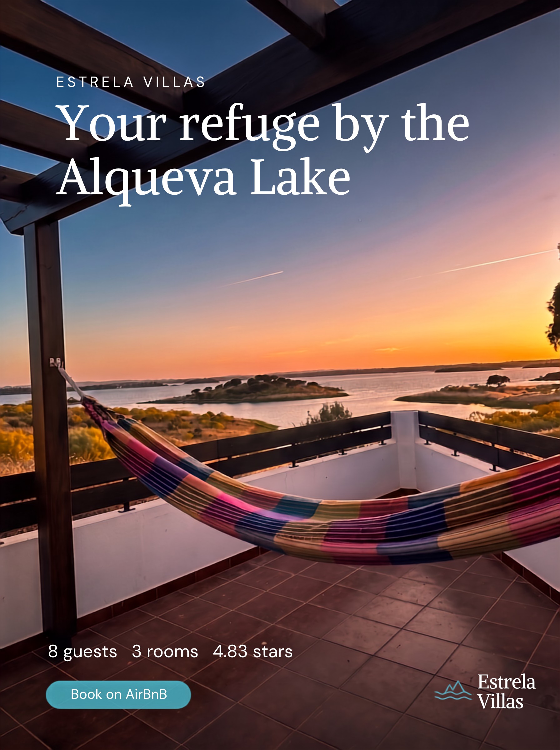 "Your refuge by the Alqueva Lake" promotional cover: a colourful hammock on the terrace at sunset