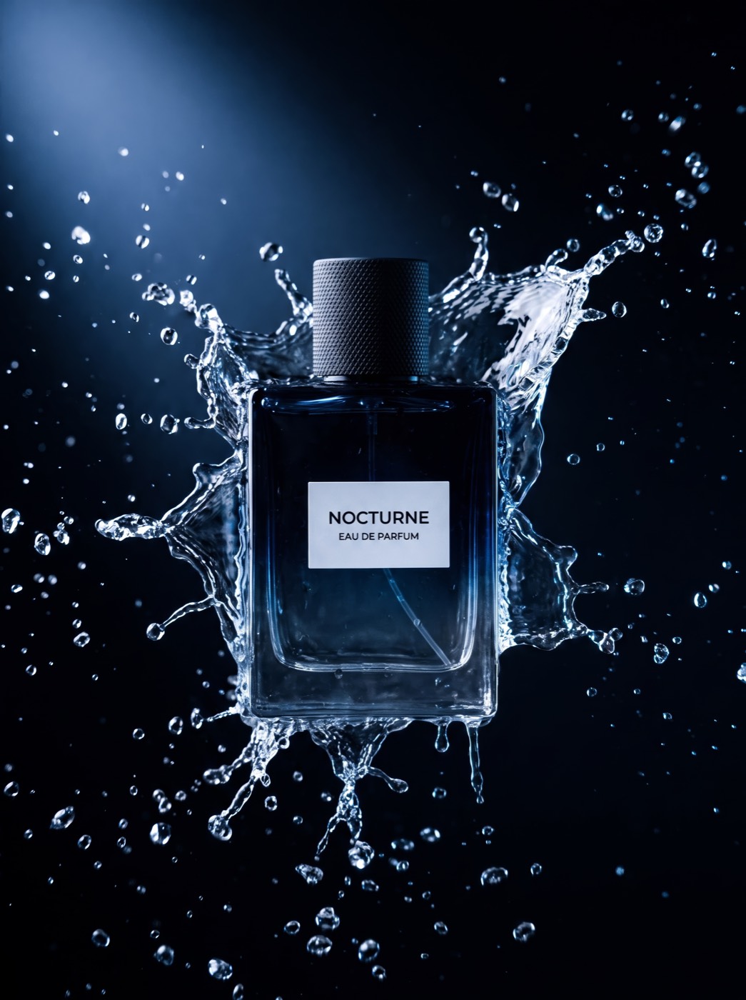 Nocturne perfume bottle with a dramatic water splash on a deep navy background