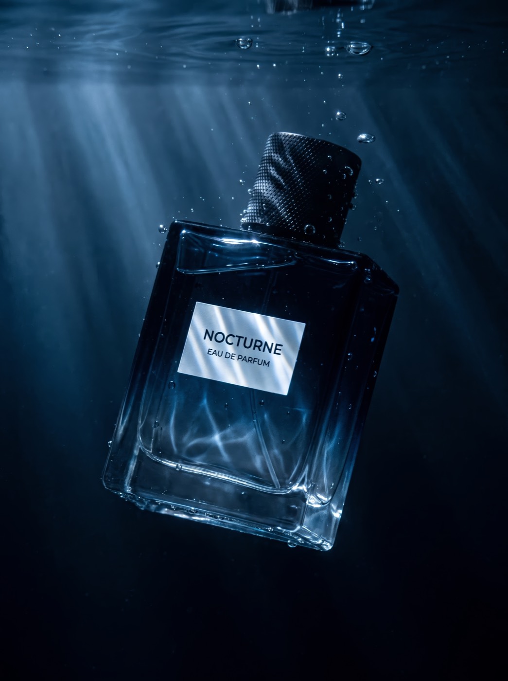 Nocturne perfume bottle submerged underwater in shafts of blue light