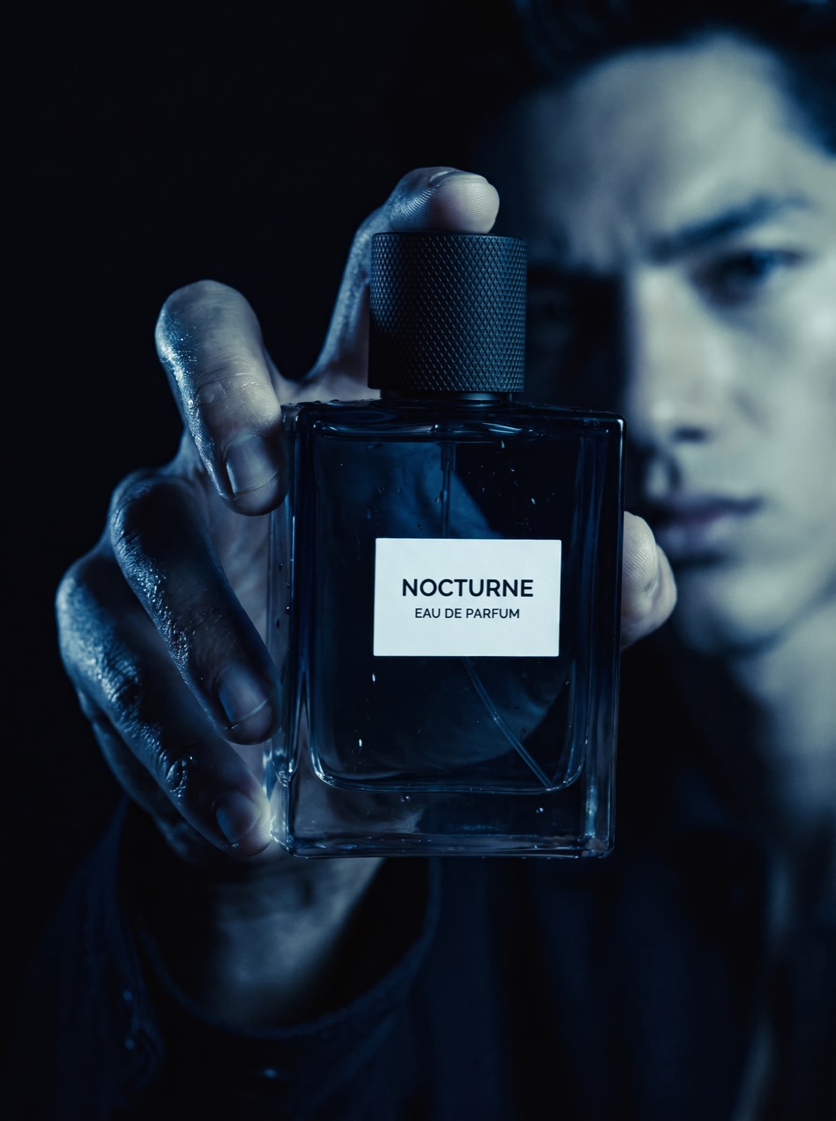 Model in blue low-key light holding the Nocturne Eau de Parfum bottle toward the camera