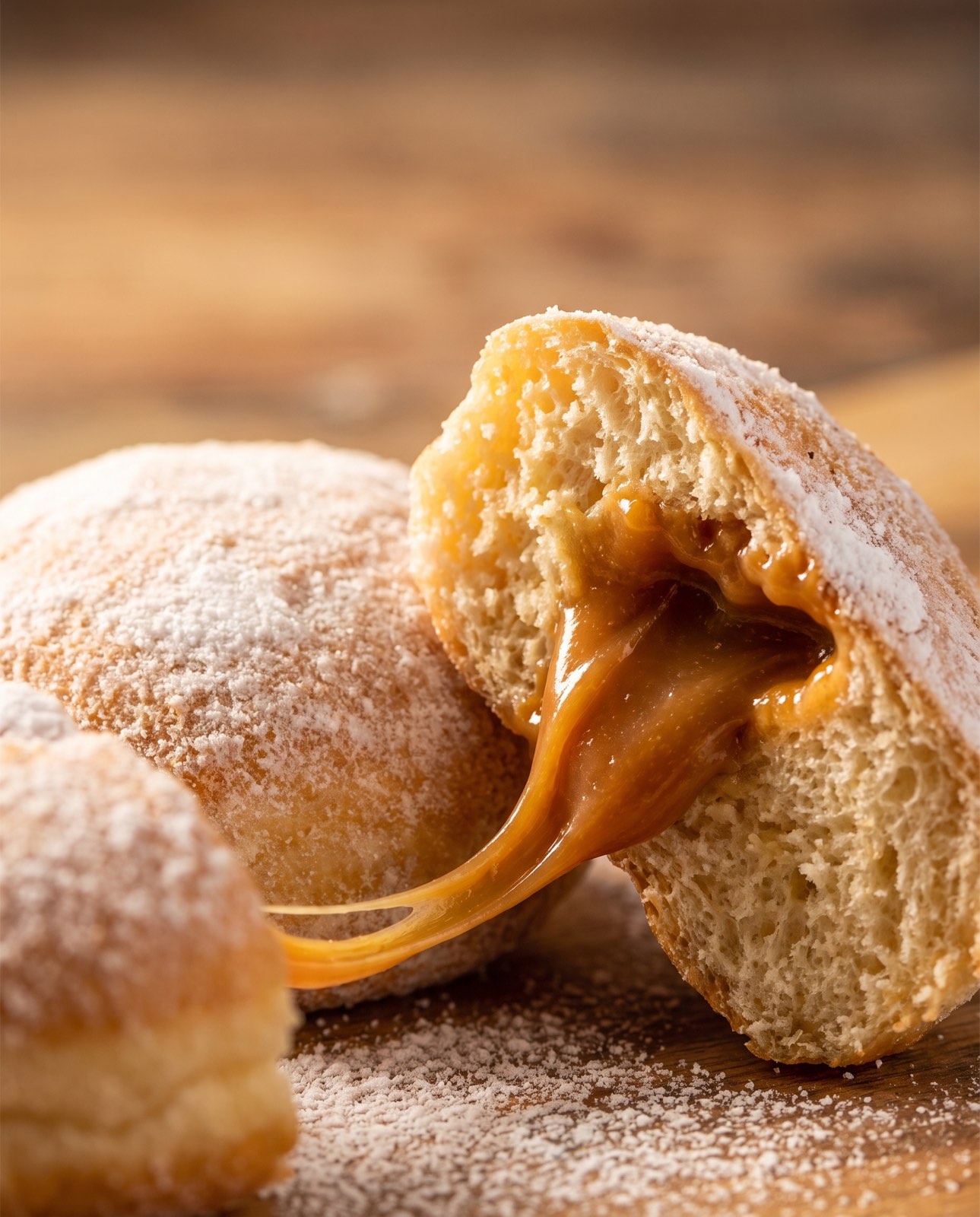 Two sugar-dusted Berliners, one split in half with caramel oozing out, on warm wood