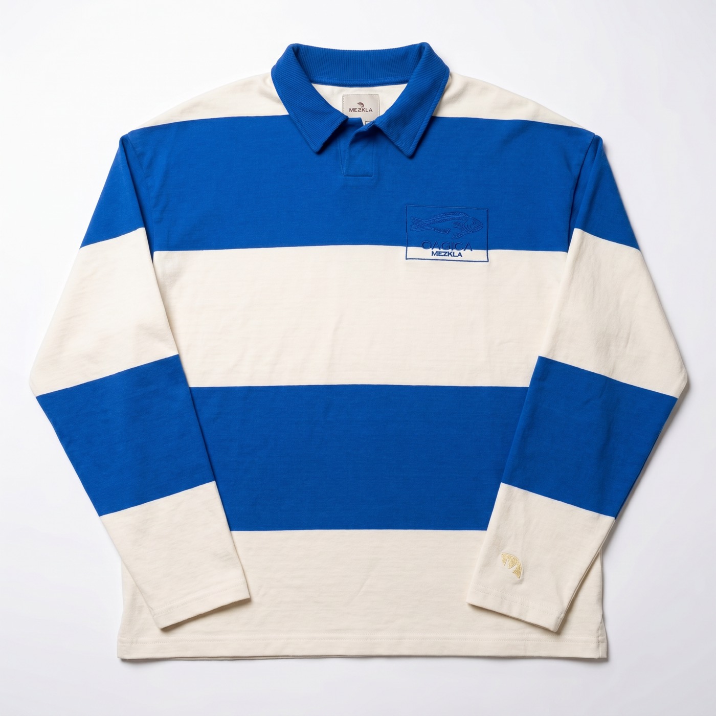 Catalog packshot: long-sleeve polo in blue and cream stripes, with the Mezkla logo