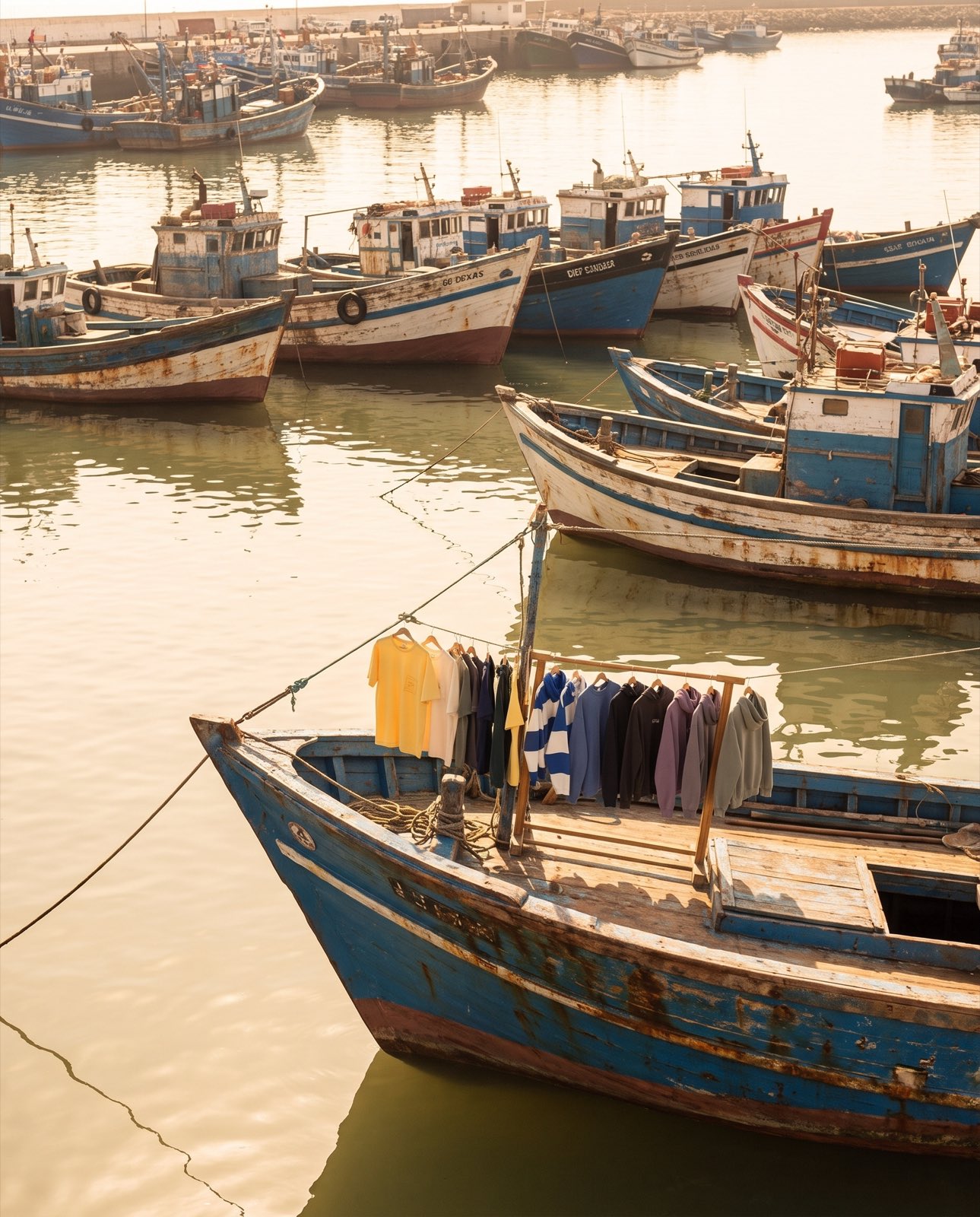 Editorial of the Mezkla collection strung between fishing boats in a harbor at dusk