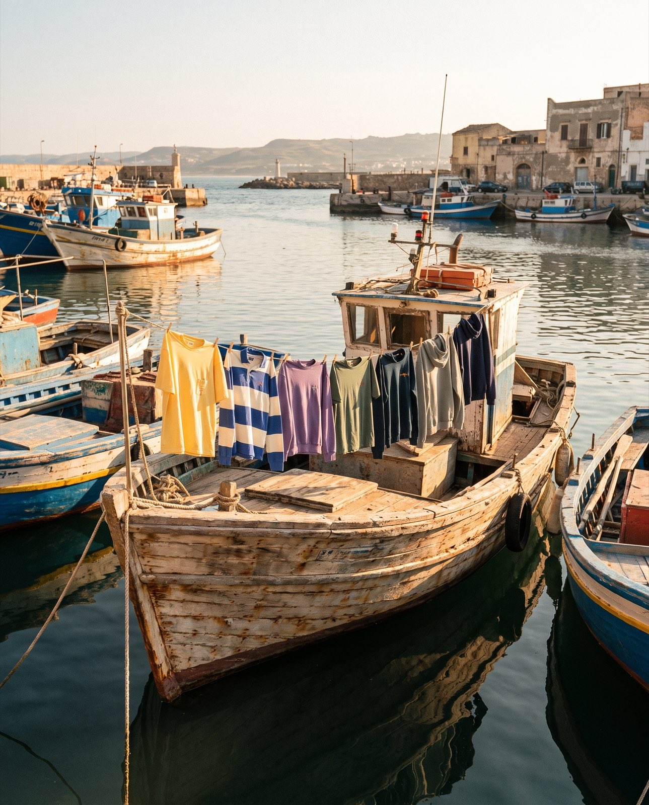 Mezkla clothing hung on a line along a fishing boat, in a harbor at sunset